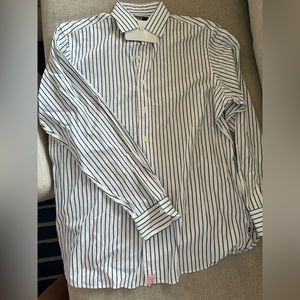 Ralph Lauren White Button-Up Dress Shirt with Navy Stripes